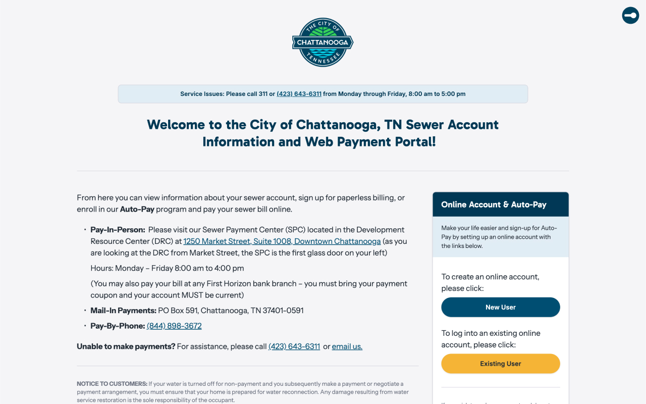 Sewer portal landing page with Chatt Sewer UI